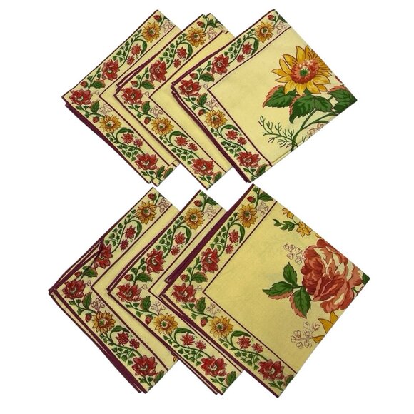 Vintage Cottage Rustic Rose Napkin Set of 6 Gold Yellow Rust Red Green Country - Picture 1 of 8